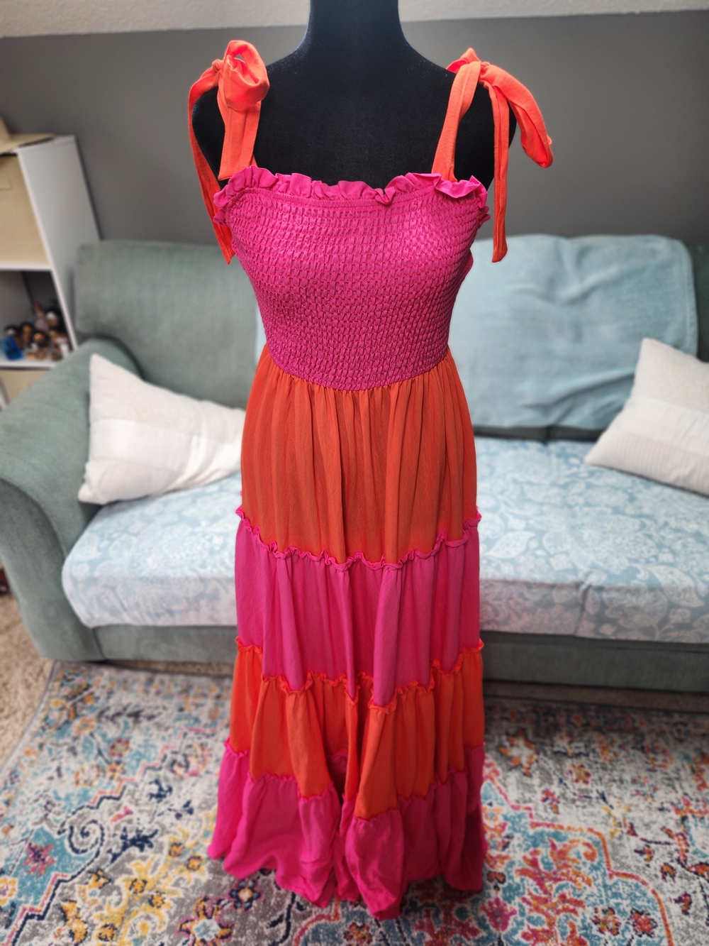 Koko +:Mason Women’s Tiered Smocked Maxi Dress - Pink & Orange Large - Picture 10 of 10